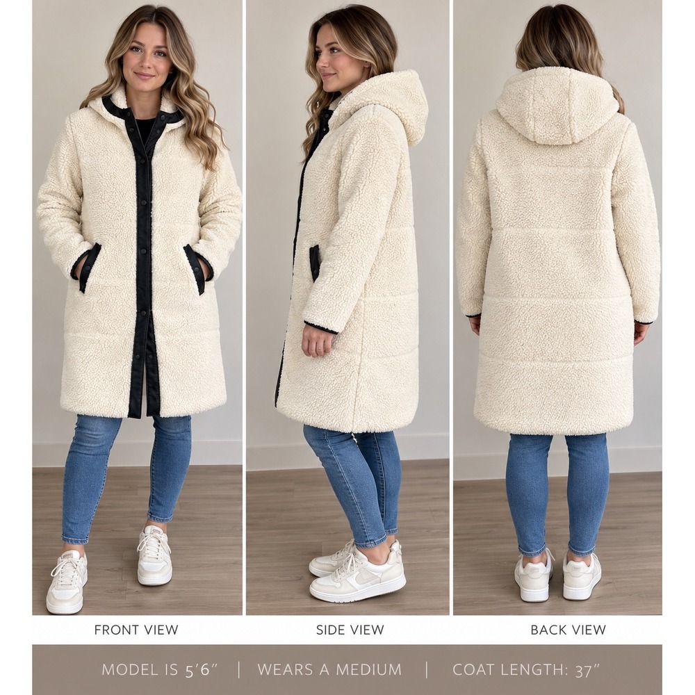 Levis Womens Longline Hooded Sherpa Teddy Coat Cream Black Trim Medium
